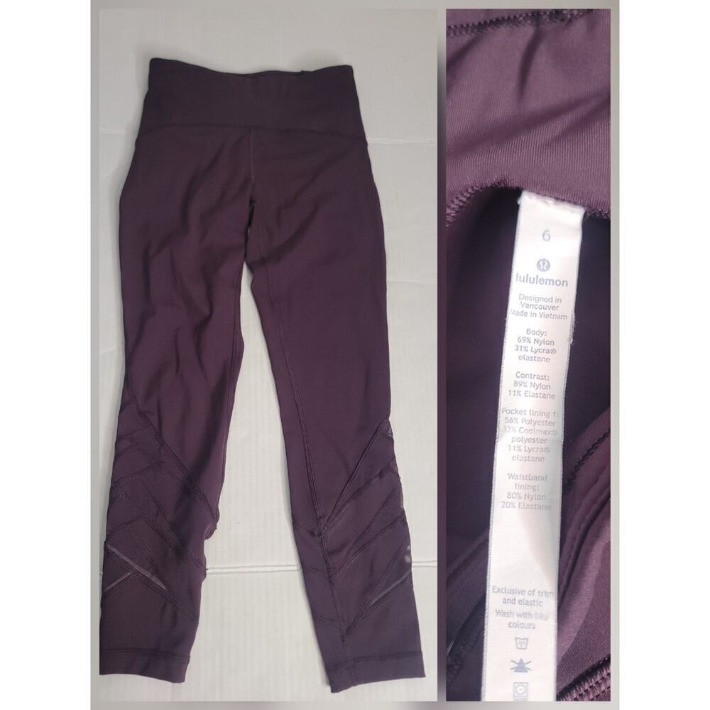 Lululemon Motionful 7/8 Tight Leggings SZ 6 Black Cherry Purple Mesh W5ARQS